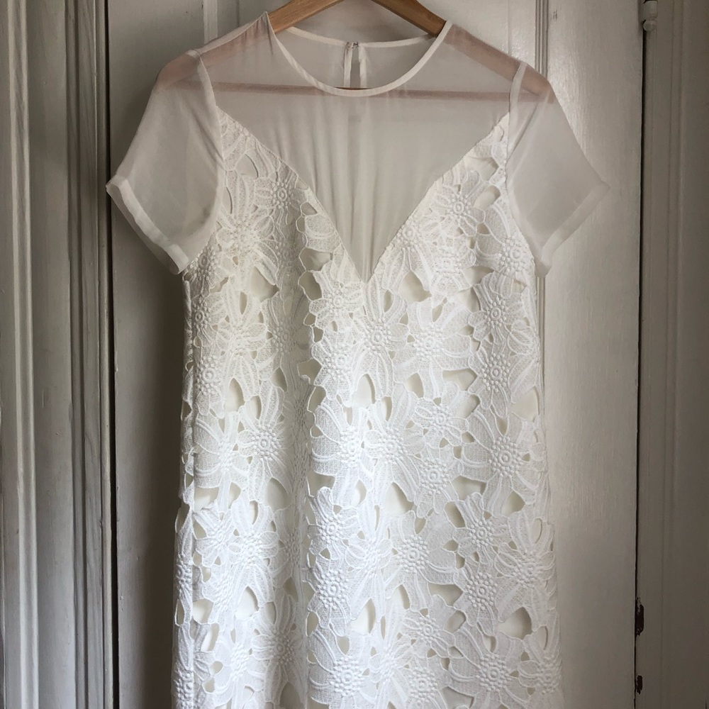Tobi white lace and sheer shift dress